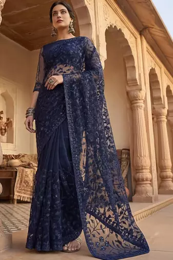 Navy blue floral embroidered net designer saree
