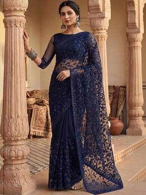 Navy blue floral embroidered net designer saree 3