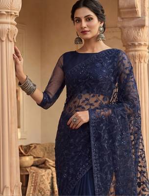 Navy blue floral embroidered net designer saree 4