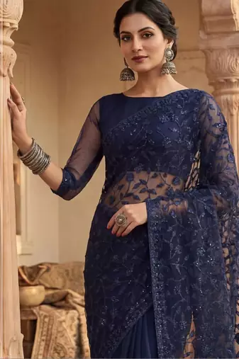 Navy blue floral embroidered net designer saree