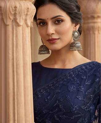 Navy blue floral embroidered net designer saree 5