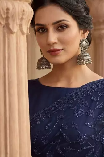 Navy blue floral embroidered net designer saree