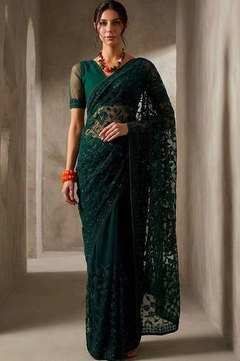 Green embellished embroidered net designer saree