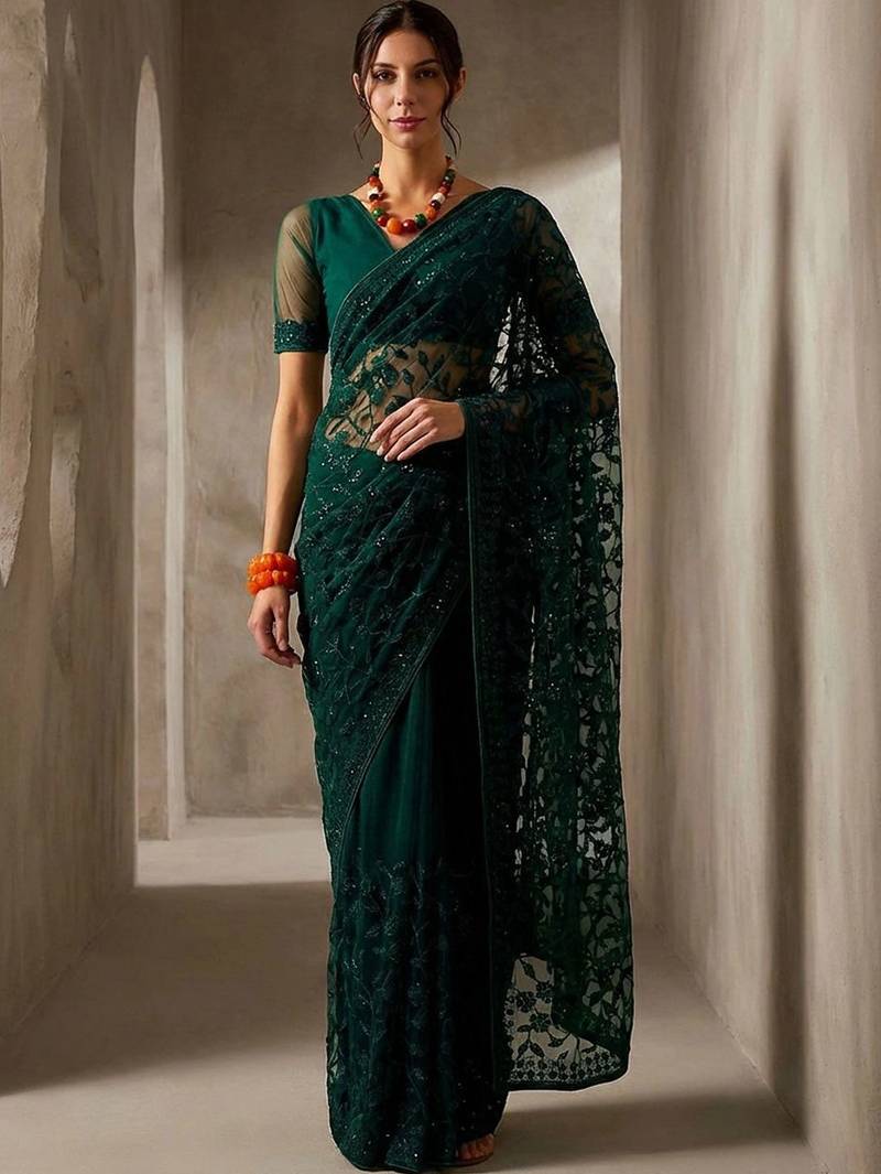Green embellished embroidered net designer saree