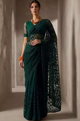 Green embellished embroidered net designer saree