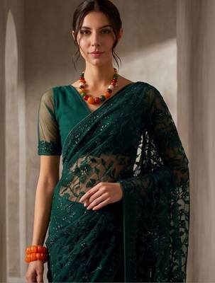 Green embellished embroidered net designer saree 3