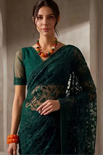 Green embellished embroidered net designer saree