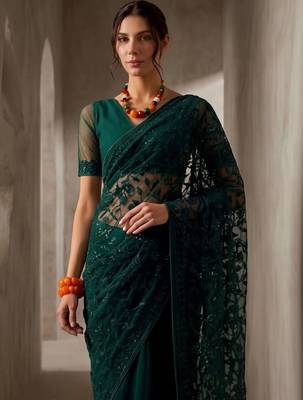 Green embellished embroidered net designer saree 4