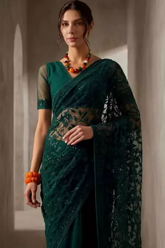 Green embellished embroidered net designer saree