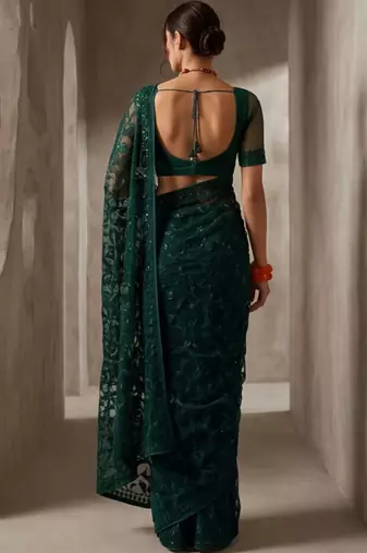 Green embellished embroidered net designer saree