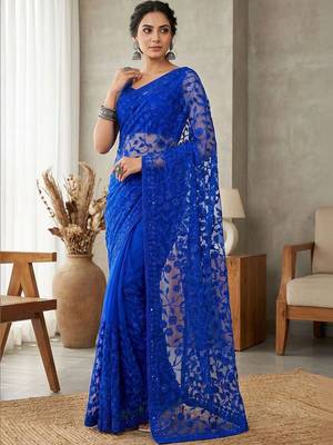 Blue embellished embroidered net designer saree 1