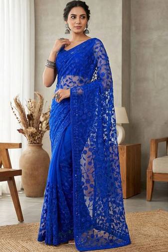 Blue embellished embroidered net designer saree