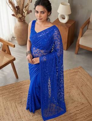 Blue embellished embroidered net designer saree 2
