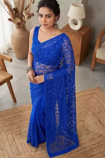 Blue embellished embroidered net designer saree