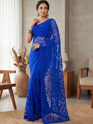 Blue embellished embroidered net designer saree 3