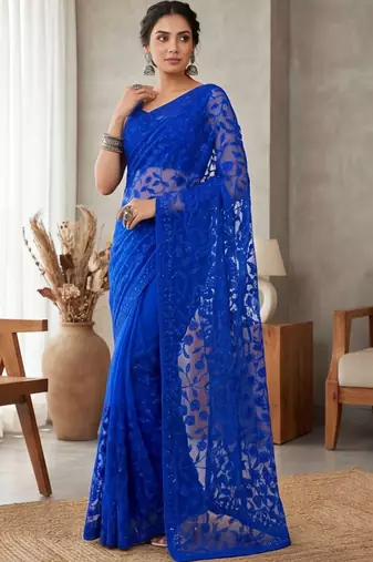 Blue embellished embroidered net designer saree