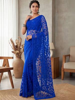 Blue embellished embroidered net designer saree 4