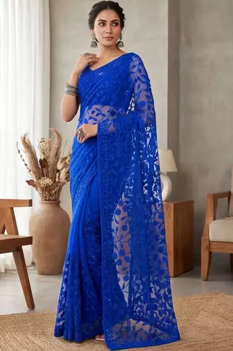 Blue embellished embroidered net designer saree