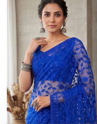 Blue embellished embroidered net designer saree 5