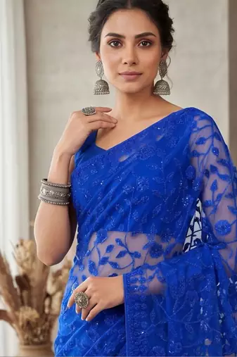 Blue embellished embroidered net designer saree