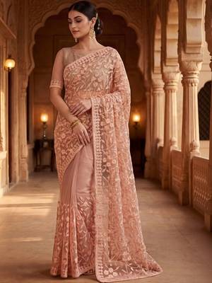 Peach floral embroidered net designer saree 1