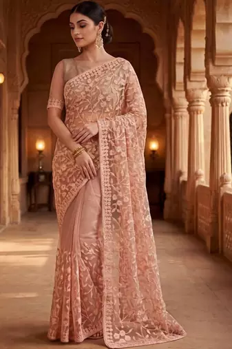 Peach floral embroidered net designer saree