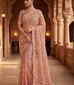 Peach floral embroidered net designer saree