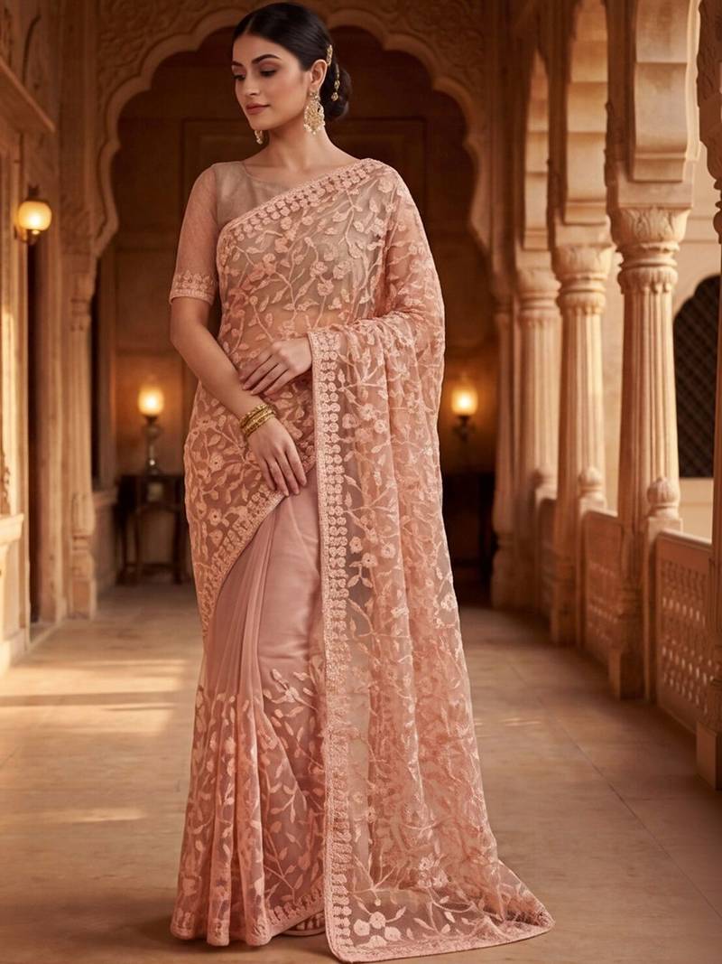 Peach floral embroidered net designer saree