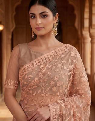 Peach floral embroidered net designer saree 2