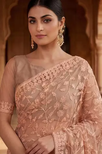 Peach floral embroidered net designer saree