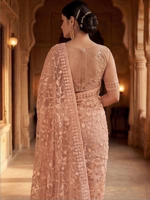 Peach floral embroidered net designer saree 5