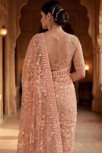 Peach floral embroidered net designer saree
