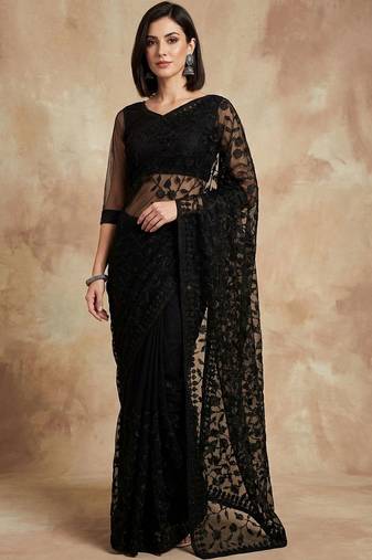 Black floral embroidered net designer saree