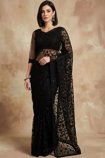 Black floral embroidered net designer saree