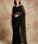 Black floral embroidered net designer saree