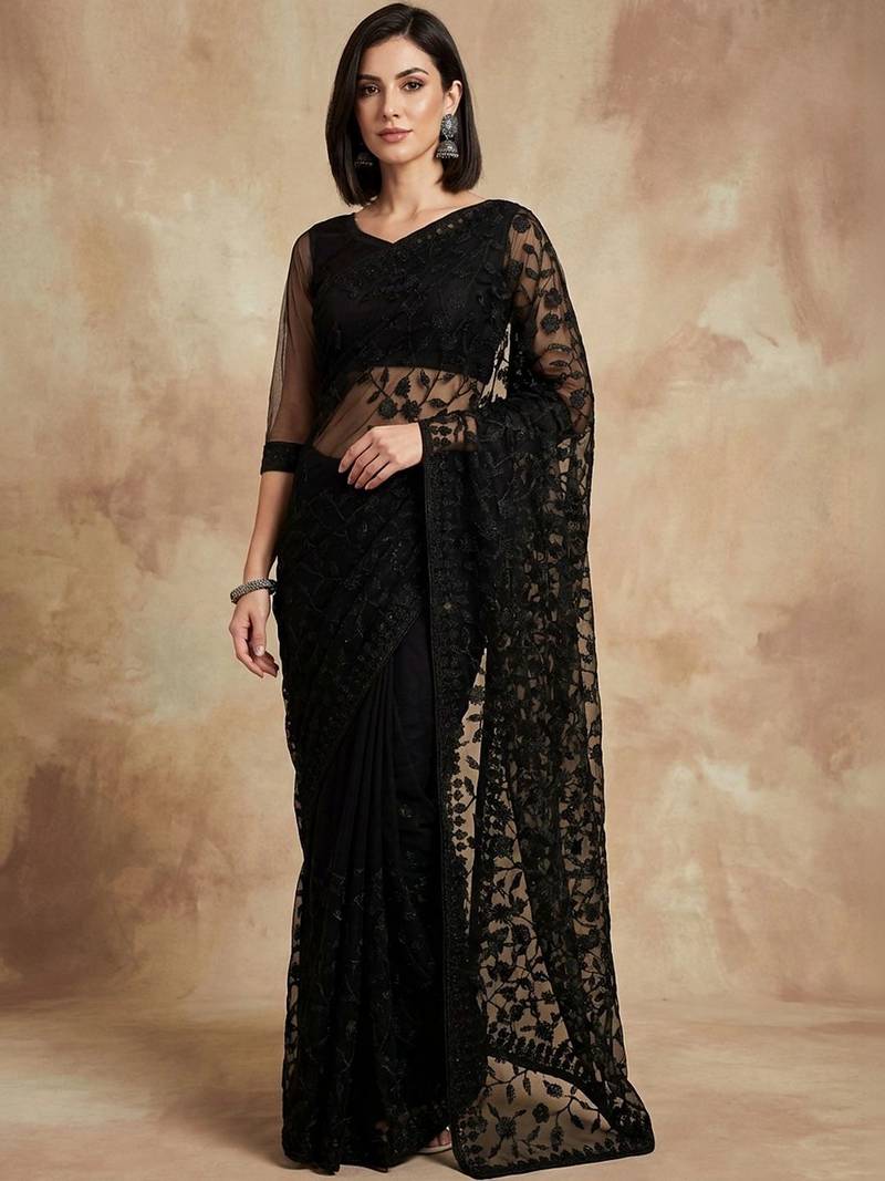 Black floral embroidered net designer saree