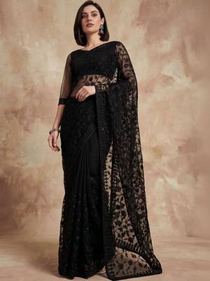 Black floral embroidered net designer saree 2