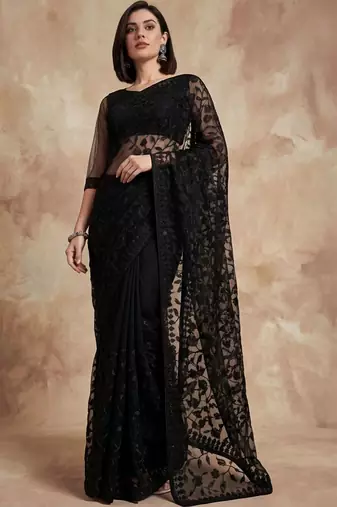 Black floral embroidered net designer saree