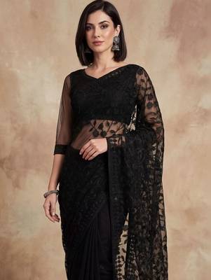 Black floral embroidered net designer saree 3
