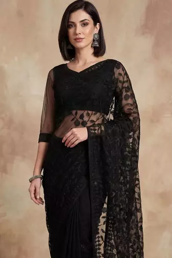 Black floral embroidered net designer saree