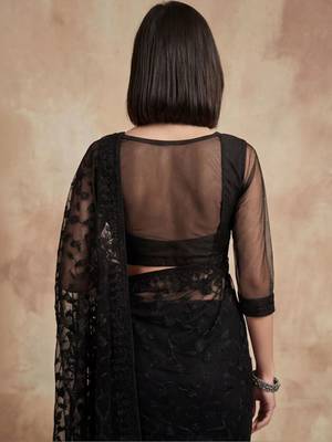 Black floral embroidered net designer saree 4