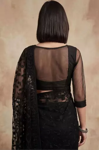 Black floral embroidered net designer saree