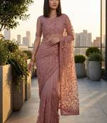 Rose embellished embroidered net designer saree