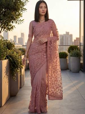 Rose embellished embroidered net designer saree 2