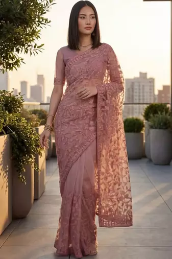 Rose embellished embroidered net designer saree