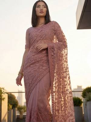 Rose embellished embroidered net designer saree 3