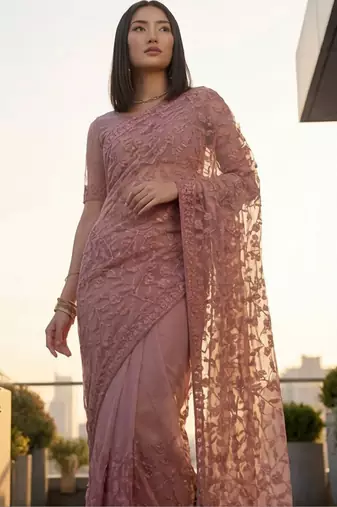 Rose embellished embroidered net designer saree