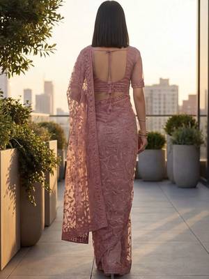 Rose embellished embroidered net designer saree 4