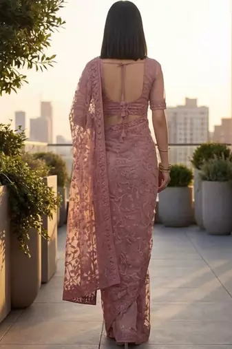 Rose embellished embroidered net designer saree