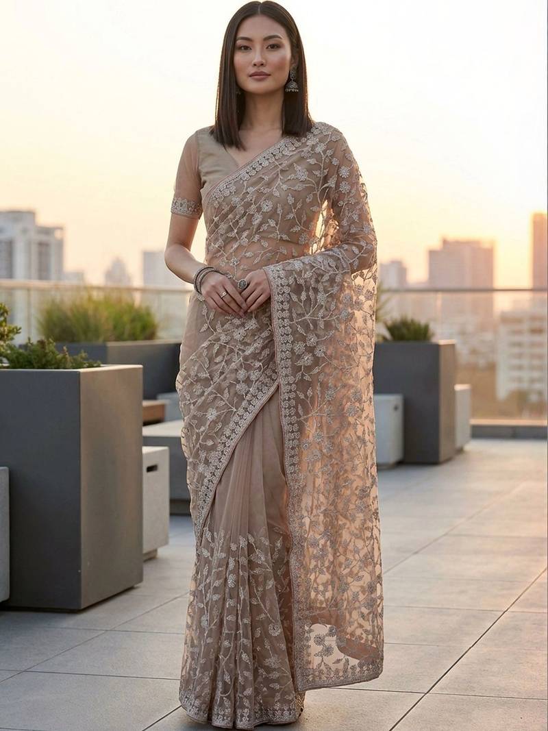 Beige floral embroidered net designer saree